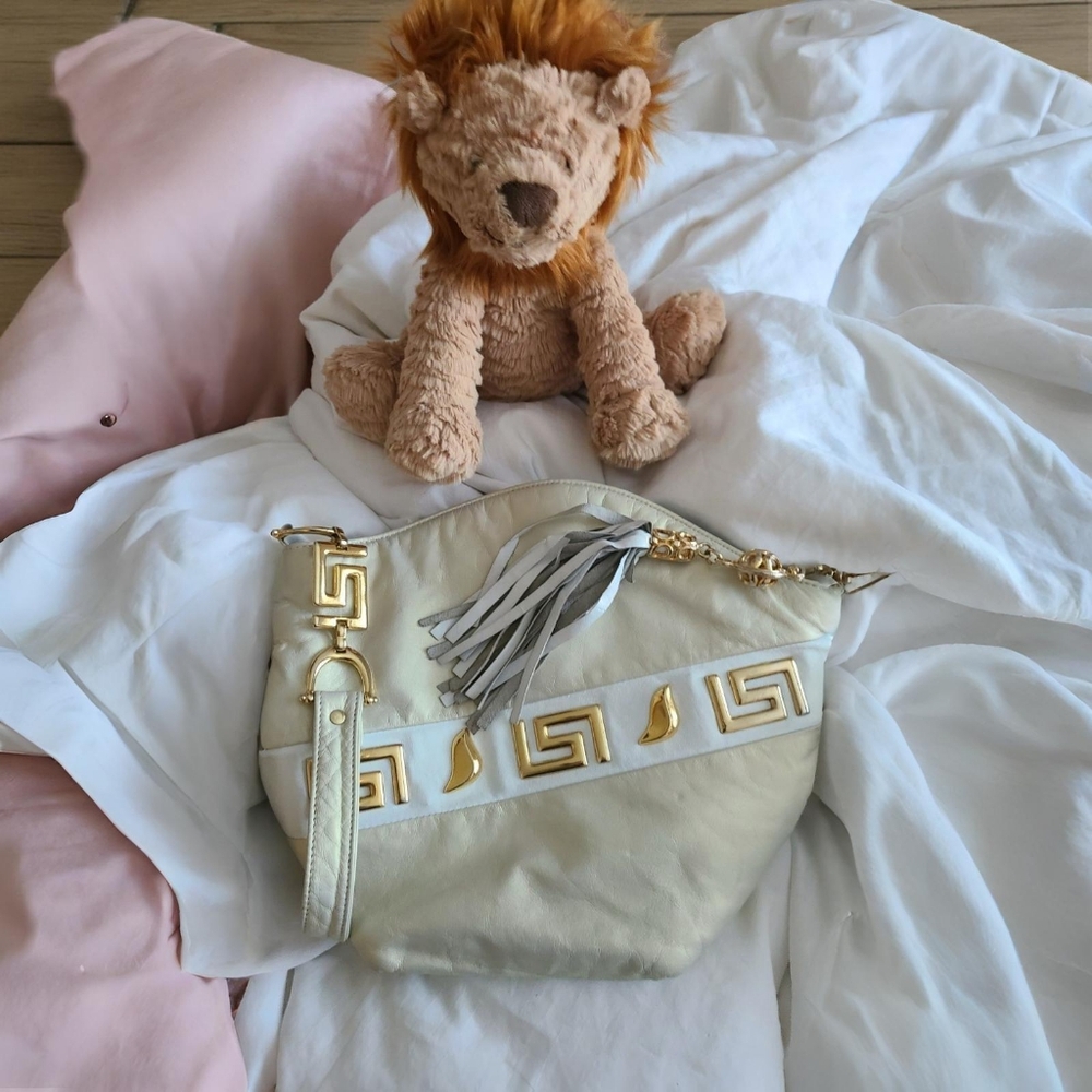 White And Champagne Colored Genuine Leather Bag.